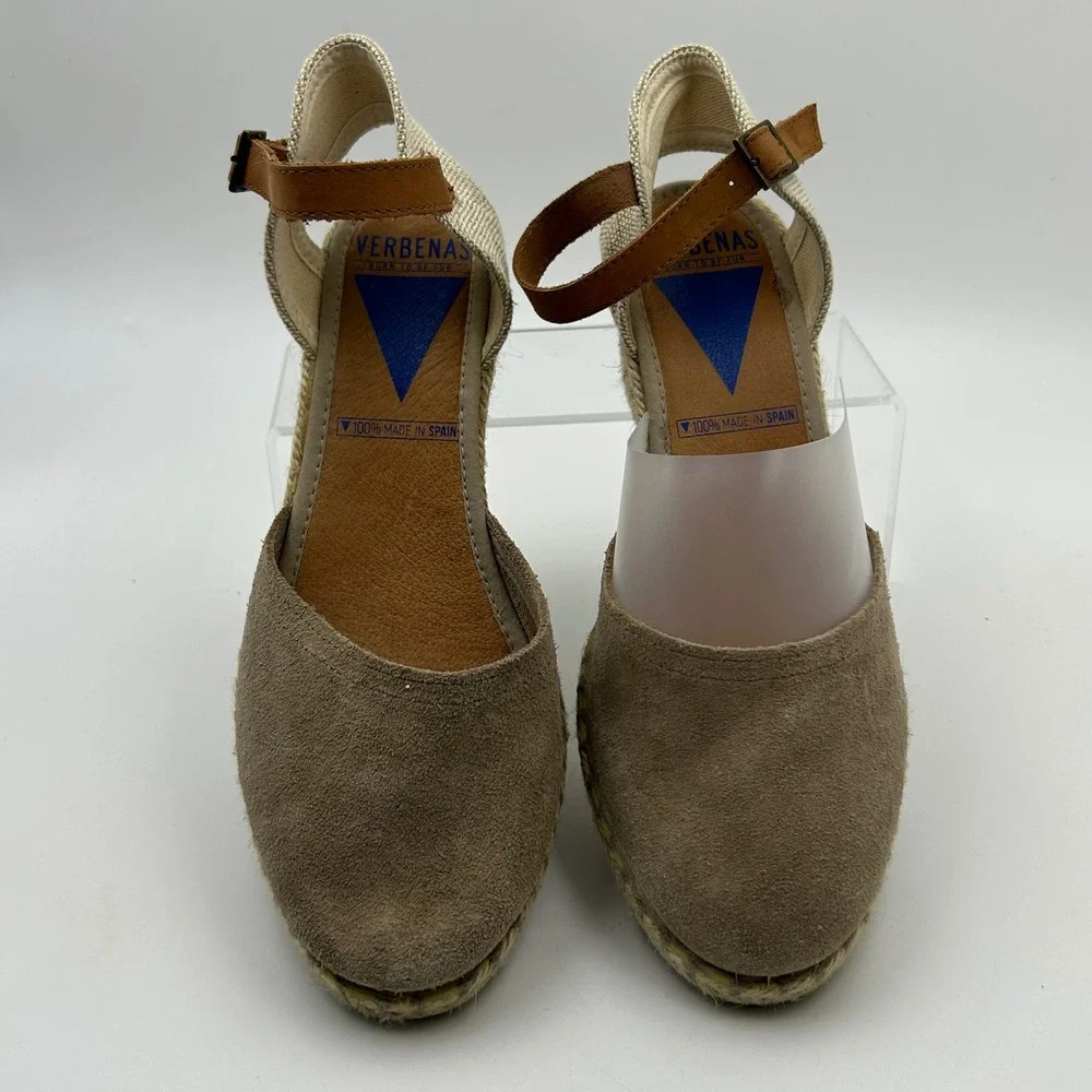 Verbenas Espadrille Wedge Sandals Womens 38 Taupe Suede Ankle Strap Boho Summer‎